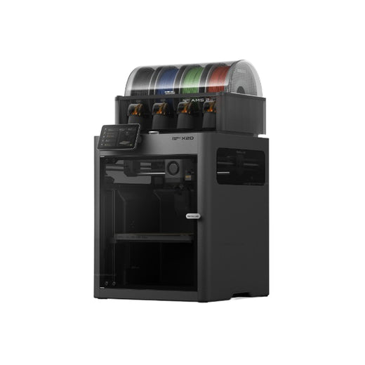 Bambu Lab X2D Combo cu AMS 2 Pro integrată într-un spațiu de lucru