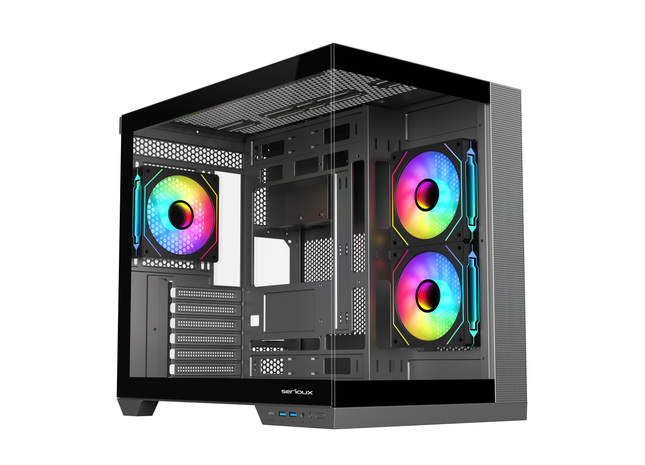 Carcasă gaming Serioux Shadow – Mid Tower, 3 ventilatoare ARGB incluse, suport radiator 360 mm, design modern fara sursă