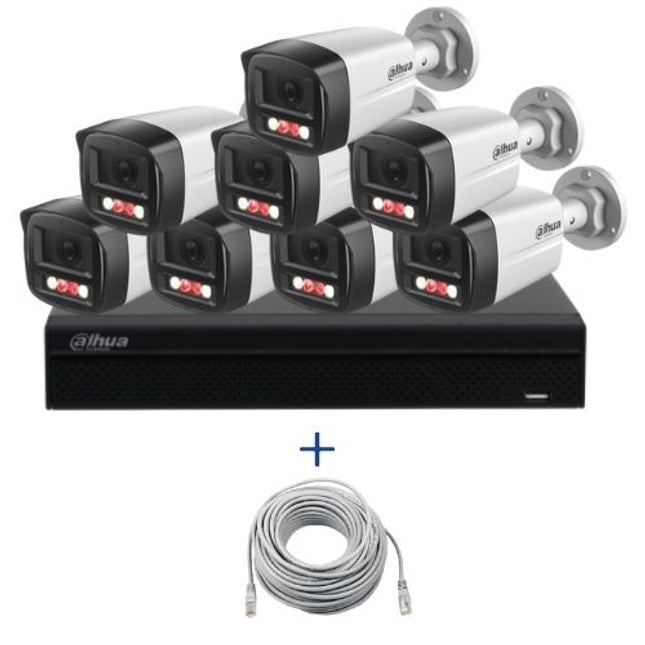 Kit supraveghere Dahua IP 4MP – sistem complet 8 camere, NVR 8 canale 12MP, iluminare inteligentă IR + LED alb, microfon integrat, PoE, IP67