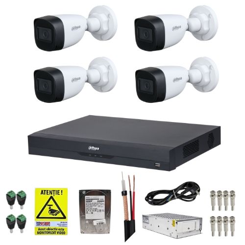 Dahua Kit Supraveghere 5MP, sistem complet cu 4 camere, DVR WizSense si stocare 1TB
