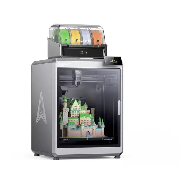 Imprimantă 3D Creality K2 Plus Combo cu volum 350×350×350 mm, imprimare multicolor până la 16 filamente, viteză 600 mm/s