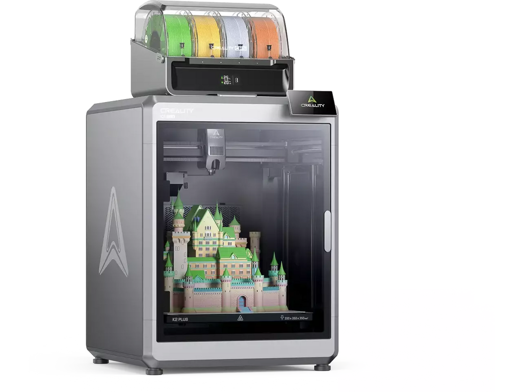 Imprimantă 3D Creality K2 Plus Combo cu volum 350×350×350 mm, imprimare multicolor până la 16 filamente, viteză 600 mm/s