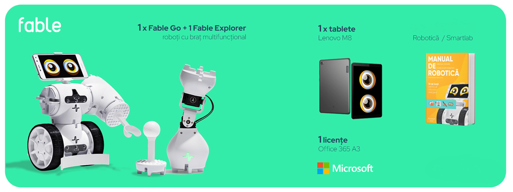 Pachet kit Robot cu braț multifuncțional 1 x Fable Go și 1 x Fable Explorer, 1 x Licente Office 365 A3 1 an, 1 x Tableta Lenovo M8 Tip robot: modular, dispune de mai multe subansamble care pot fi combinate pentru a realiza aplicatii educationale;