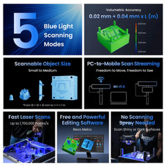 Revopoint MetroY: Scanner 3D cu laser albastru wireless pentru piese de lucru mici și medii