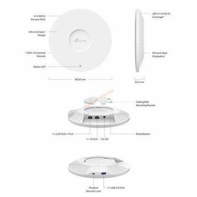 TP-Link EAP680 HD – Access Point Wi-Fi 6 AX3600 dual-band, montaj pe tavan, 2.5G Ethernet, PoE, management centralizat Omada SDN