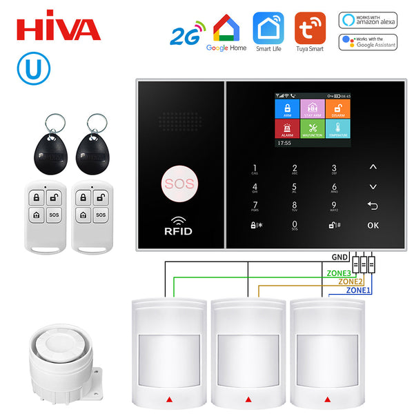 Sistem de alarmă HIVA Tuya, Securitate pentru acasă, Viață inteligentă Control aplicație Alarma de securitate GSM Wifi cu ușă și senzor PIR funcționează cu Alexa