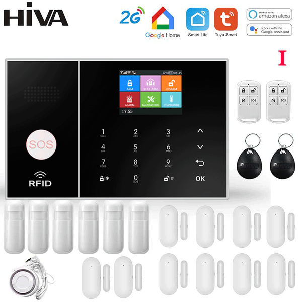 Sistem de alarmă HIVA Tuya, Securitate pentru acasă, Viață inteligentă Control aplicație Alarma de securitate GSM Wifi cu ușă și senzor PIR funcționează cu Alexa