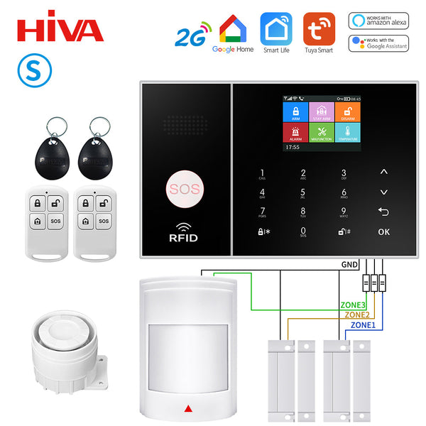 Sistem de alarmă HIVA Tuya, Securitate pentru acasă, Viață inteligentă Control aplicație Alarma de securitate GSM Wifi cu ușă și senzor PIR funcționează cu Alexa