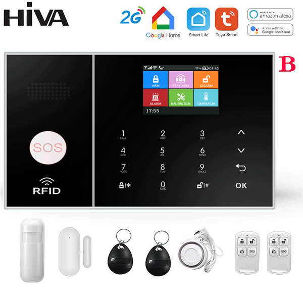 Sistem de alarmă HIVA Tuya, Securitate pentru acasă, Viață inteligentă Control aplicație Alarma de securitate GSM Wifi cu ușă și senzor PIR funcționează cu Alexa