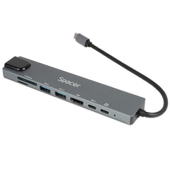Docking Station Spacer Universal 8 în 1 – SPDS-TypeC-CHUPSG-8in1, aluminiu, 4K, RJ-45, PD 87W, gri