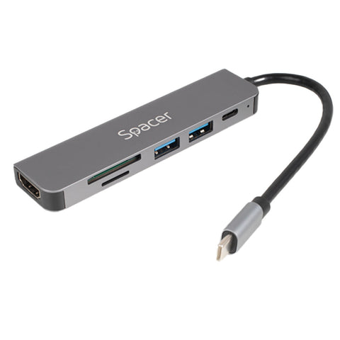 Docking Station Spacer Universal 8 în 1 – SPDS-TypeC-CHUPSG-8in1, aluminiu, 4K, RJ-45, PD 87W, gri