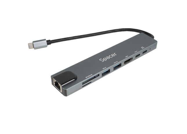 Docking Station Spacer Universal 8 în 1 – SPDS-TypeC-CHUPSG-8in1, aluminiu, 4K, RJ-45, PD 87W, gri