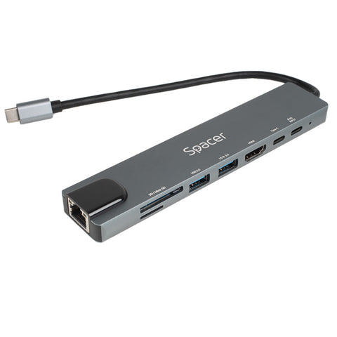Docking Station Spacer Universal 8 în 1 – SPDS-TypeC-CHUPSG-8in1, aluminiu, 4K, RJ-45, PD 87W, gri