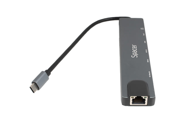 Docking Station Spacer Universal 8 în 1 – SPDS-TypeC-CHUPSG-8in1, aluminiu, 4K, RJ-45, PD 87W, gri