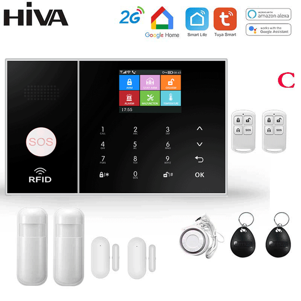 Sistem de alarmă HIVA Tuya, Securitate pentru acasă, Viață inteligentă Control aplicație Alarma de securitate GSM Wifi cu ușă și senzor PIR funcționează cu Alexa