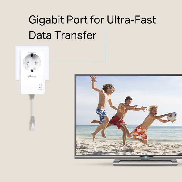 TP-Link Kit Powerline Gigabit Passthrough – HomePlug AV2, Gigabit Ethernet, acoperire 300 m, 2 adaptoare incluse