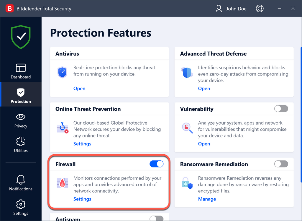 Interfata Bitdefender Total Security dashboard