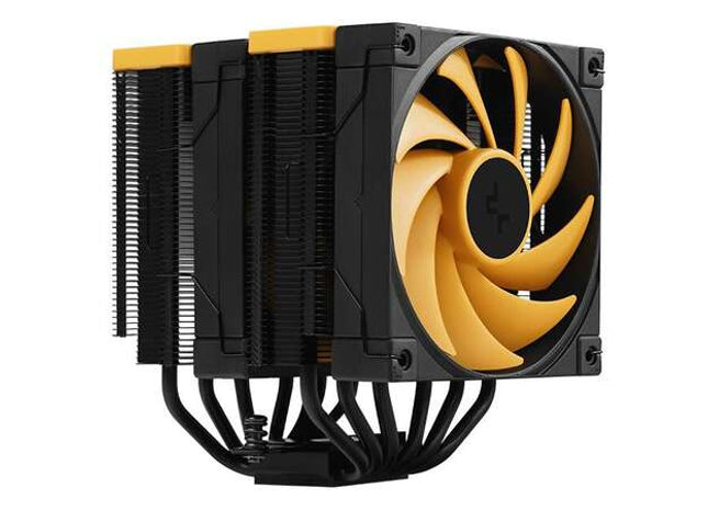 Sistem răcire procesor cu radiatoare duale și ventilatoare galben-negru
