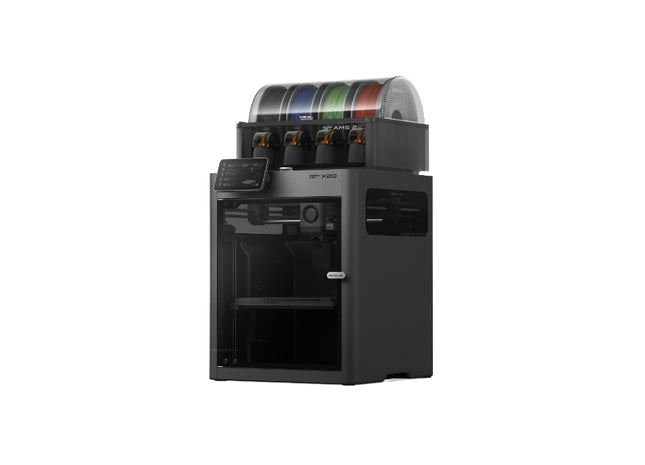 Bambu Lab X2D Combo cu AMS 2 Pro integrată într-un spațiu de lucru