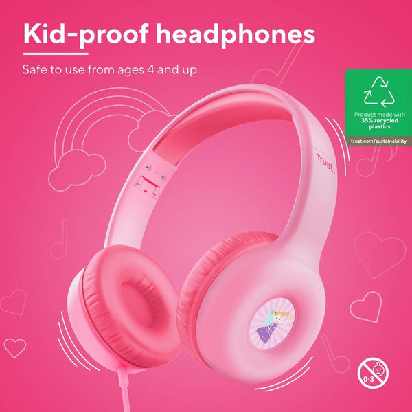 Trust Nouna WS Kids – casti wireless pentru copii, sunet limitat 92 dB, roz