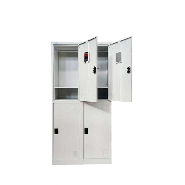 DULAP COMUN 4 ELEVI U-GROW SCH-CBNT-4LKR Dimensiune produs : 900mm (L) x 450mm (A) x 1850 mm (H), Material: tabla de 0,5mm, acoperire cu pulbere ECO, incuietoare cu cifru si cheie.