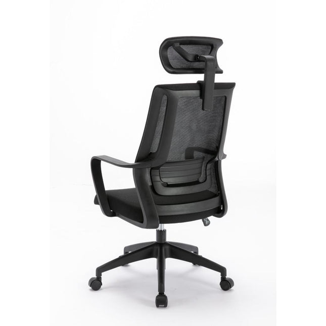 Scaun Serioux office Shark, greutate maxima suportata 150 kg, piston cu gaz clasa 4, manere fixe, tetiera reglabila, baza stea cu 5 picioare, negru